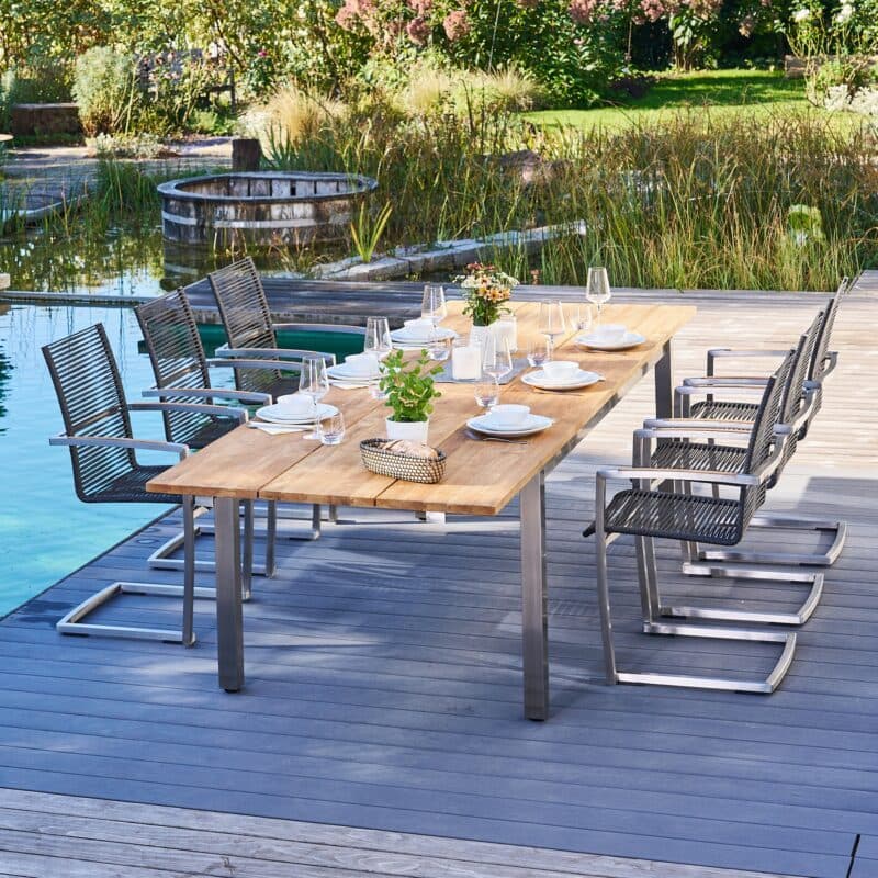 CASA DOMA "Mineo/Varano" Gartenmöbel-Set 7-tlg., Gestelle Edelstahl gebürstet, Sitzfläche Rope anthrazit, Armlehnen Teak, Ausziehtisch mit Tischplatte Teak