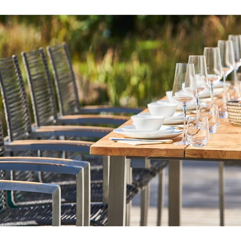 CASA DOMA "Mineo/Varano" Gartenmöbel-Set 7-tlg., Gestelle Edelstahl gebürstet, Sitzfläche Rope anthrazit, Armlehnen Teak, Ausziehtisch mit Tischplatte Teak