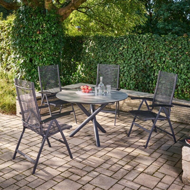 CASA DOMA "Mineo/Perano" Gartenmöbel-Set 5-tlg., Gestelle Edelstahl anthrazit, Sitzfläche Rope anthrazit, Armlehnen Aluminium, Gartentisch mit HPL-Tischplatte