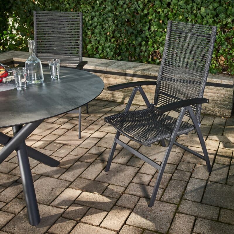 CASA DOMA "Mineo/Perano" Gartenmöbel-Set 5-tlg., Gestelle Edelstahl anthrazit, Sitzfläche Rope anthrazit, Armlehnen Aluminium, Gartentisch mit HPL-Tischplatte