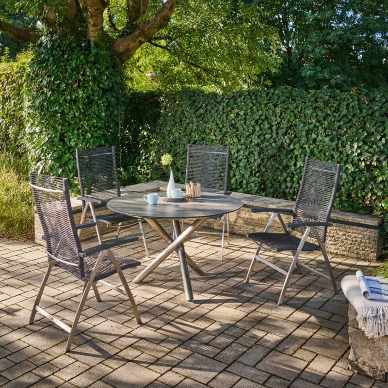 CASA DOMA "Mineo/Perano" Gartenmöbel-Set 5-tlg., Gestelle Edelstahl gebürstet, Sitzfläche Rope anthrazit, Armlehnen Aluminium, Gartentisch mit HPL-Tischplatte