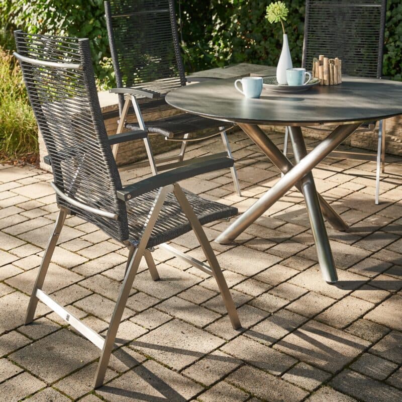 CASA DOMA "Mineo/Perano" Gartenmöbel-Set 5-tlg., Gestelle Edelstahl gebürstet, Sitzfläche Rope anthrazit, Armlehnen Aluminium, Gartentisch mit HPL-Tischplatte