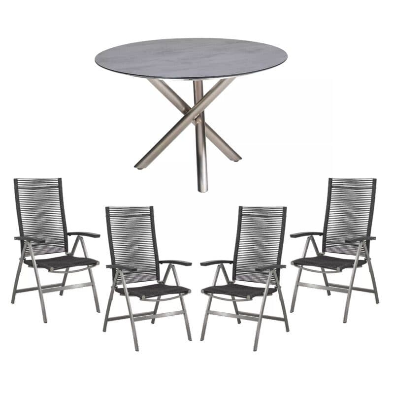 CASA DOMA "Mineo/Perano" Gartenmöbel-Set 5-tlg., Gestelle Edelstahl gebürstet, Sitzfläche Rope anthrazit, Armlehnen Aluminium, Gartentisch mit HPL-Tischplatte Chromix anthrazit