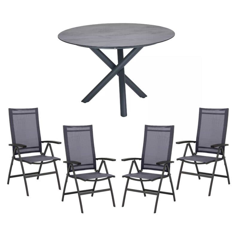 CASA DOMA "Mineo/Perano" Gartenmöbel-Set 5-tlg., Gestelle Edelstahl anthrazit, Sitzfläche Sunproof® Sling schwarz/silber, Armlehnen Aluminium, Gartentisch mit HPL-Tischplatte Chromix anthrazit