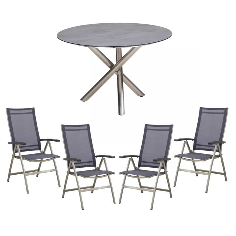 CASA DOMA "Mineo/Perano" Gartenmöbel-Set 5-tlg., Gestelle Edelstahl gebürstet, Sitzfläche Sunproof® Sling schwarz/silber, Armlehnen Aluminium, Gartentisch mit HPL-Tischplatte Chromix anthrazit