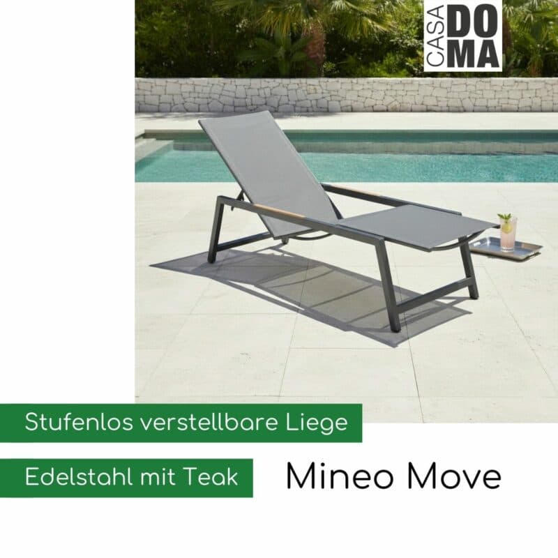 CASA DOMA "Mineo" Move Sonnenliege, Edelstahl anthrazit mit Teak-Armlehnen (Bild KI-generiert)