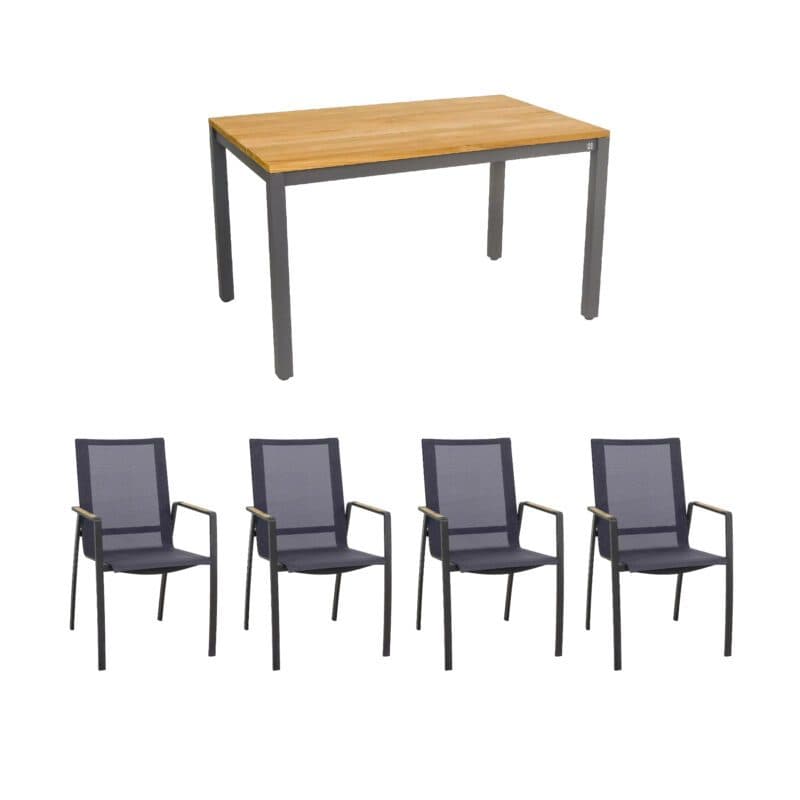CASA DOMA "Mineo/Varano" Gartenmöbel-Set 5-tlg., Gestelle Edelstahl anthrazit, Sitzfläche Sunproof® Sling schwarz/silber, Armlehnen Teak, Tischplatte Teak, 130x80 cm