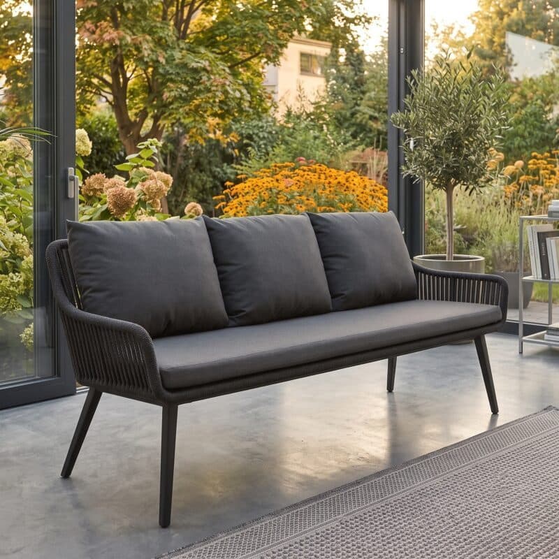 CASA DOMA "Ribera" Diningbank L-Form, Vierkantrohr-Beine Edelstahl anthrazit, Sitz Rope anthrazit (vertikal breit), Kissen Tuvatextil® Panama grafito (Bild KI-generiert)