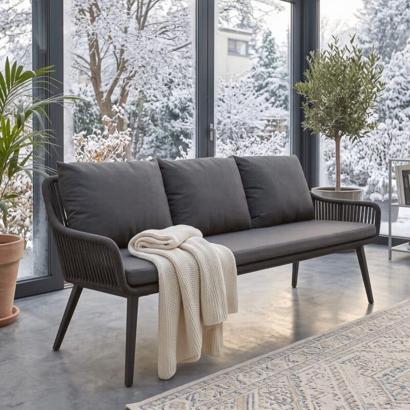 CASA DOMA "Ribera" Diningbank L-Form, Vierkantrohr-Beine Edelstahl anthrazit, Sitz Rope anthrazit (vertikal breit), Kissen Tuvatextil® Panama grafito (Bild KI-generiert)
