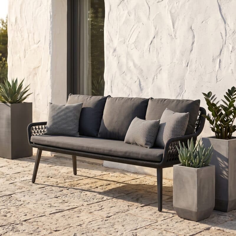 CASA DOMA "Ribera" Diningbank L-Form, Vierkantrohr-Beine Edelstahl anthrazit, Sitz Rope anthrazit (Knoten), Kissen Tuvatextil® Panama grafito (Bild KI-generiert)