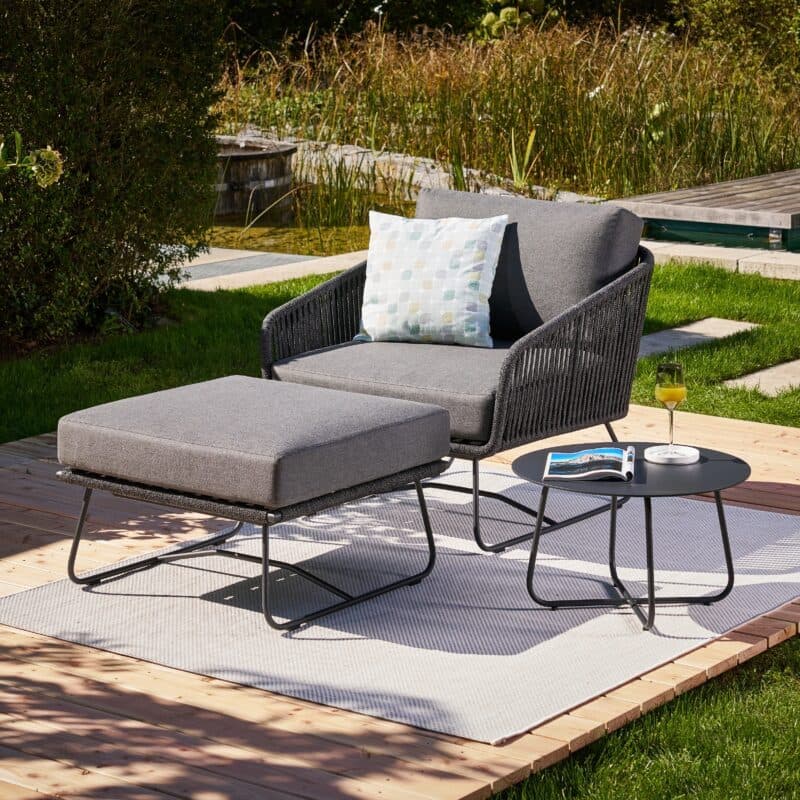 CASA DOMA "Ribera" Loungeset 3tlg., Rundform, Kufengestell Edelstahl anthrazit, Rope anthrazit (vertikal breit), Polster Tuvatextil® Panama grafito, Loungetisch "Arista", Aluminium anthrazit