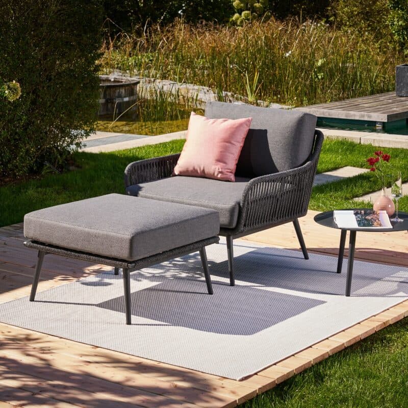 CASA DOMA "Ribera" Loungeset 3tlg., L-Form, Rundrohr-Beine Edelstahl anthrazit, Rope anthrazit (vertikal breit), Polster Tuvatextil® Panama grafito, Loungetisch "Arista", Aluminium anthrazit