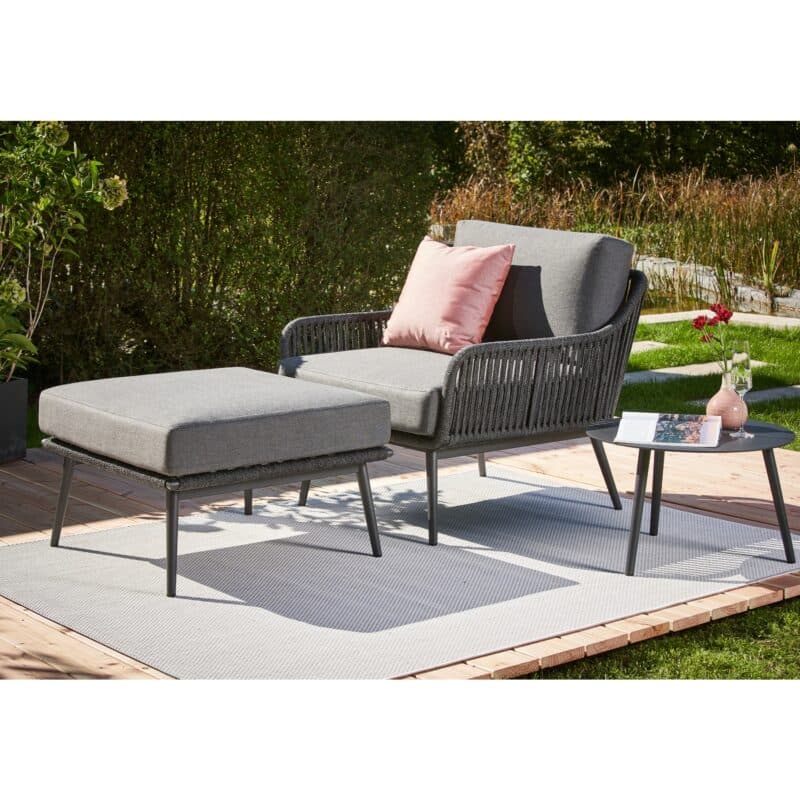 CASA DOMA "Ribera" Loungeset 3tlg., L-Form, Rundrohr-Beine Edelstahl anthrazit, Rope anthrazit (vertikal breit), Polster Tuvatextil® Panama grafito, Loungetisch "Arista", Aluminium anthrazit