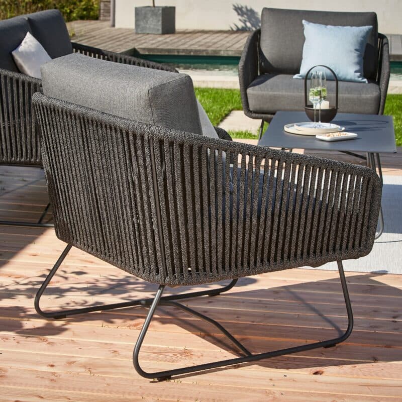 CASA DOMA "Ribera" Loungeset 4tlg., Rundform, Kufengestell Edelstahl anthrazit, Rope anthrazit (vertikal breit), Polster Tuvatextil® Panama grafito, Loungetisch "Arista", Aluminium anthrazit
