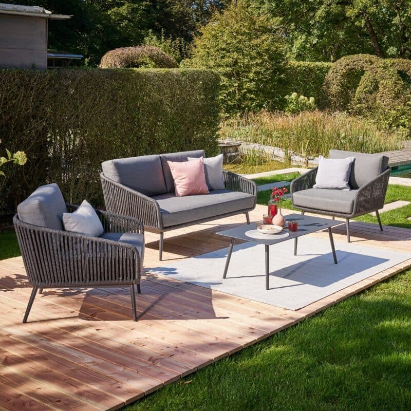 CASA DOMA "Ribera" Loungeset 4tlg., Rundform, Rundrohr-Beine Edelstahl anthrazit, Rope anthrazit (vertikal breit), Polster Tuvatextil® Panama grafito, Loungetisch "Arista", Aluminium anthrazit