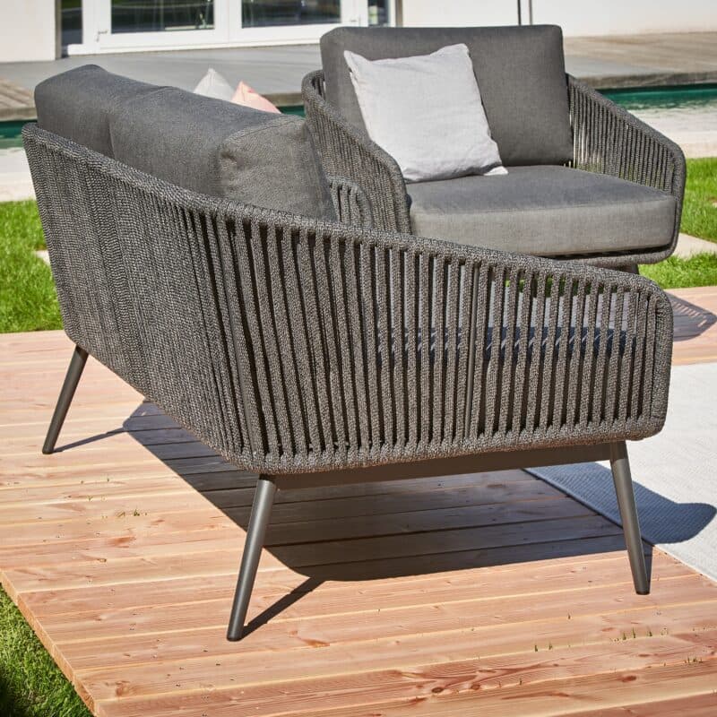 CASA DOMA "Ribera" Loungeset 4tlg., Rundform, Rundrohr-Beine Edelstahl anthrazit, Rope anthrazit (vertikal breit), Polster Tuvatextil® Panama grafito, Loungetisch "Arista", Aluminium anthrazit