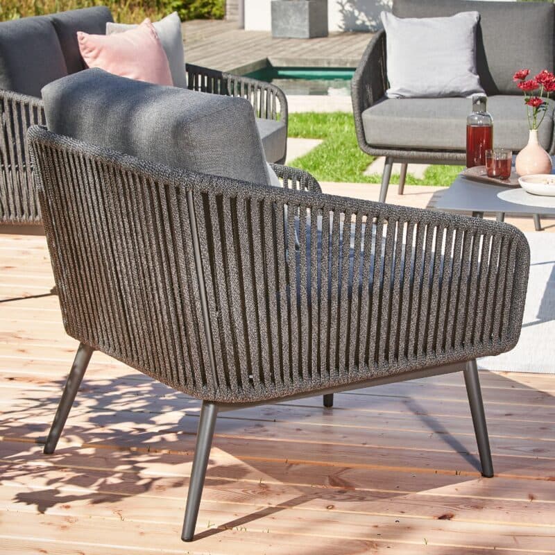 CASA DOMA "Ribera" Loungeset 4tlg., Rundform, Rundrohr-Beine Edelstahl anthrazit, Rope anthrazit (vertikal breit), Polster Tuvatextil® Panama grafito, Loungetisch "Arista", Aluminium anthrazit