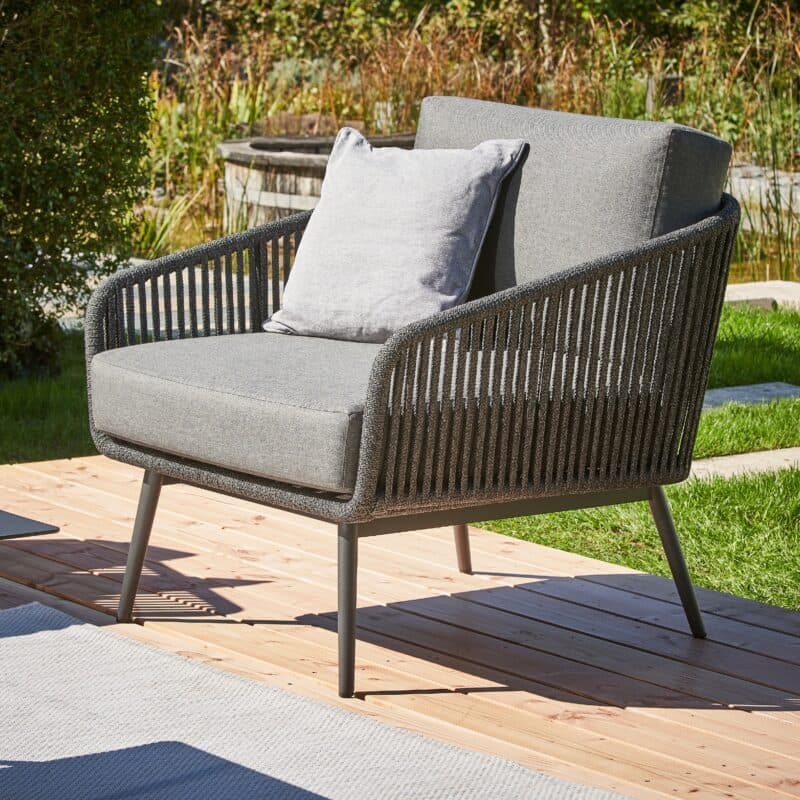 CASA DOMA "Ribera" Loungeset 4tlg., Rundform, Rundrohr-Beine Edelstahl anthrazit, Rope anthrazit (vertikal breit), Polster Tuvatextil® Panama grafito, Loungetisch "Arista", Aluminium anthrazit