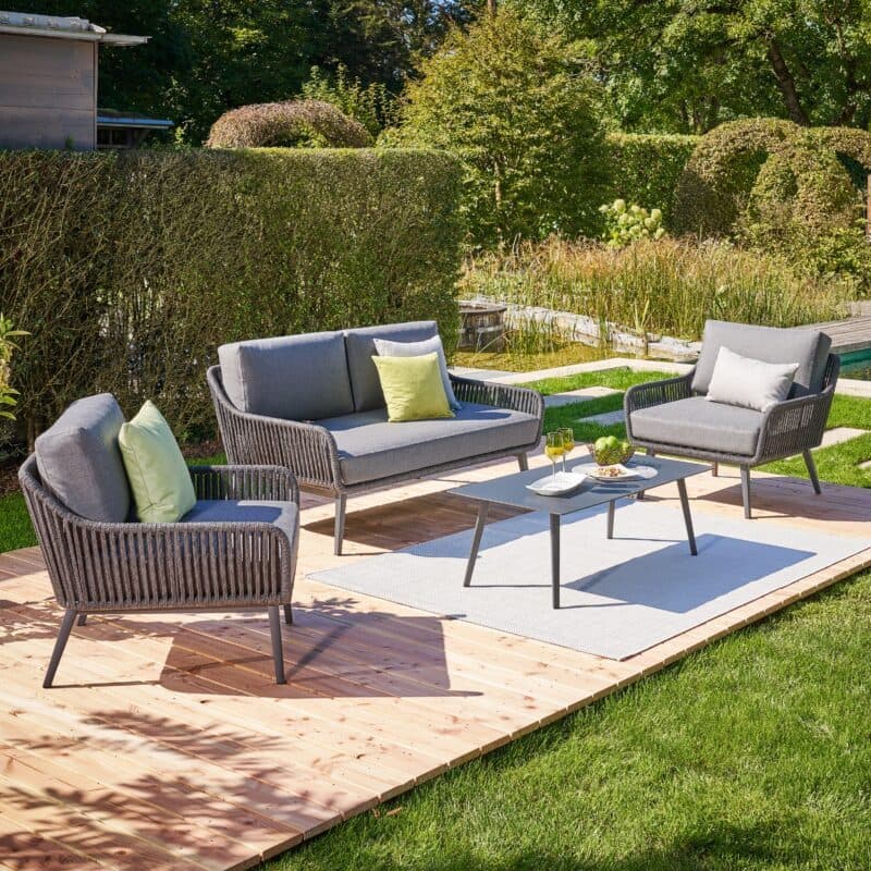 CASA DOMA "Ribera" Loungeset 4tlg., L-Form, Vierkant-Beine Edelstahl anthrazit, Rope anthrazit (vertikal breit), Polster Tuvatextil® Panama grafito, Loungetisch "Arista", Aluminium anthrazit