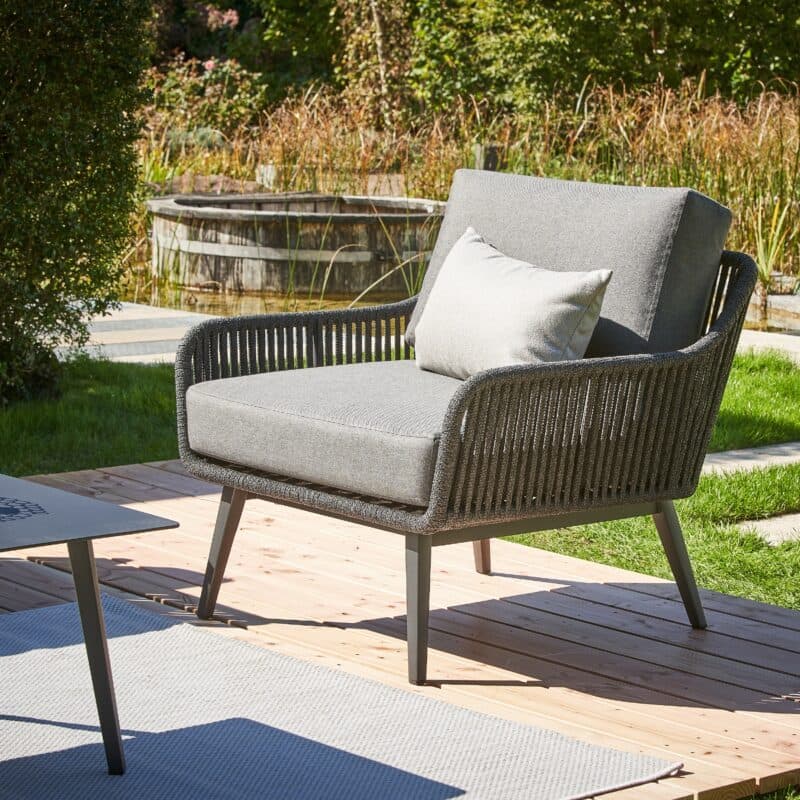CASA DOMA "Ribera" Loungeset 4tlg., L-Form, Vierkant-Beine Edelstahl anthrazit, Rope anthrazit (vertikal breit), Polster Tuvatextil® Panama grafito, Loungetisch "Arista", Aluminium anthrazit