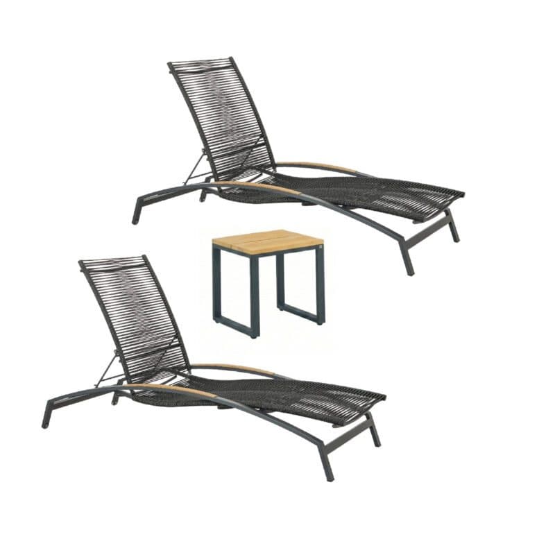 CASA DOMA “Mineo/Macari“ Set 3-teilig mit Sonnenliegen Edelstahl/Rope anthrazit, Armlehnen Teak, Beistelltisch Alu/Teak