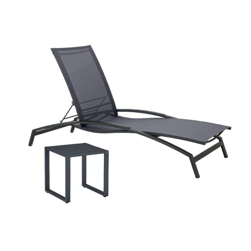 CASA DOMA “Mineo/Macari“ Set 2-teilig mit Sonnenliege Edelstahl anthrazit, Sunproof® Sling schwarz/silber, Armlehnen Alu, Beistelltisch Alu anthrazit