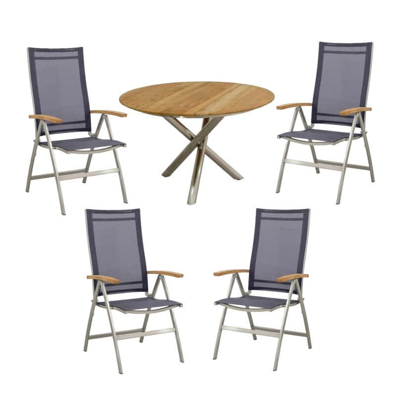 CASA DOMA "Mineo/Perano" Gartenmöbel-Set 5-tlg., Gestelle Edelstahl gebürstet, Sitzfläche Sunproof® Sling schwarz/silber, Armlehnen Teak, Tischplatte Teak, Ø 120 cm