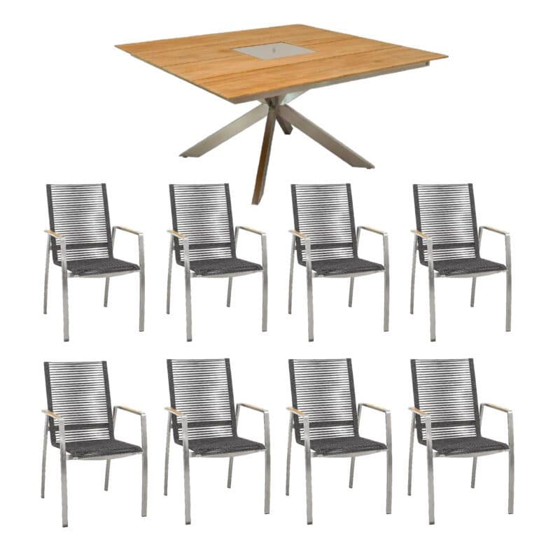 CASA DOMA "Mineo/Siderno" Gartenmöbel-Set 9-tlg., Gestelle Edelstahl gebürstet, Sitzfläche Rope anthrazit, Armlehnen Teak, Tischplatte Teak, 150x150 cm