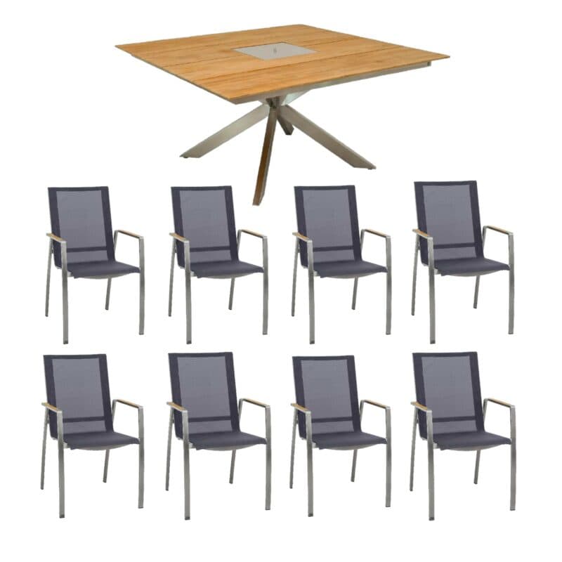 CASA DOMA "Mineo/Siderno" Gartenmöbel-Set 9-tlg., Gestelle Edelstahl gebürstet, Sitzfläche Sunproof® Sling schwarz/silber, Armlehnen Teak, Tischplatte Teak, 150x150 cm