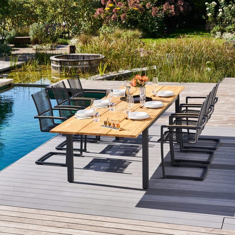 CASA DOMA "Mineo/Varano" Gartenmöbel-Set 7-tlg., Gestelle Edelstahl anthrazit, Sitzfläche Rope anthrazit, Armlehnen Teak, Ausziehtisch Tischplatte Teak, 210/310x100 cm