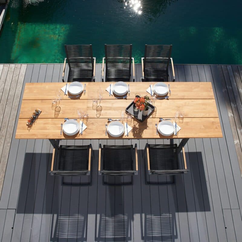 CASA DOMA "Mineo/Varano" Gartenmöbel-Set 7-tlg., Gestelle Edelstahl anthrazit, Sitzfläche Rope anthrazit, Armlehnen Teak, Ausziehtisch Tischplatte Teak, 210/310x100 cm