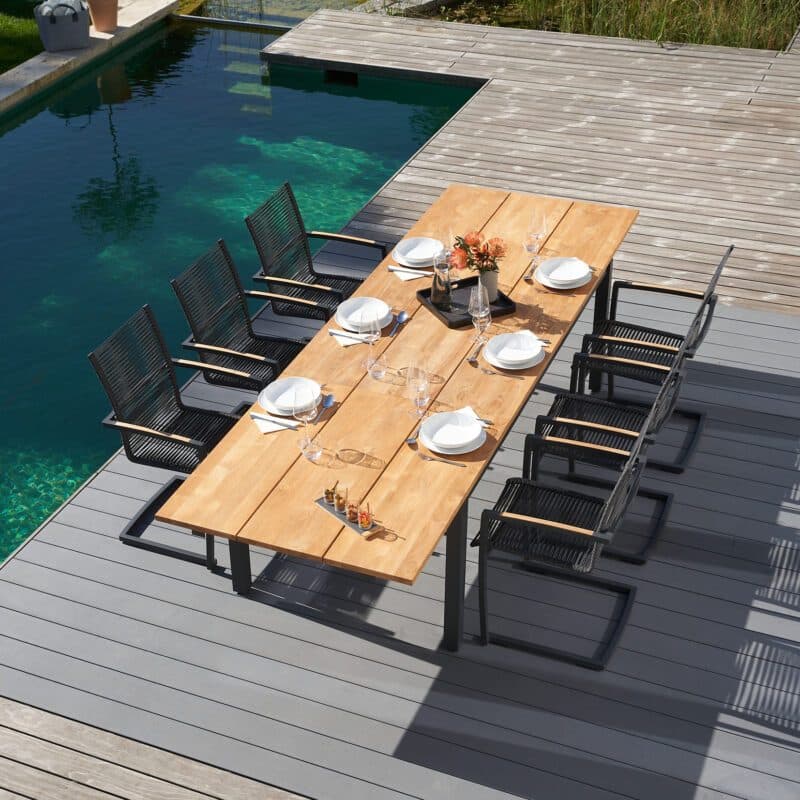 CASA DOMA "Mineo/Varano" Gartenmöbel-Set 7-tlg., Gestelle Edelstahl anthrazit, Sitzfläche Rope anthrazit, Armlehnen Teak, Ausziehtisch Tischplatte Teak, 210/310x100 cm