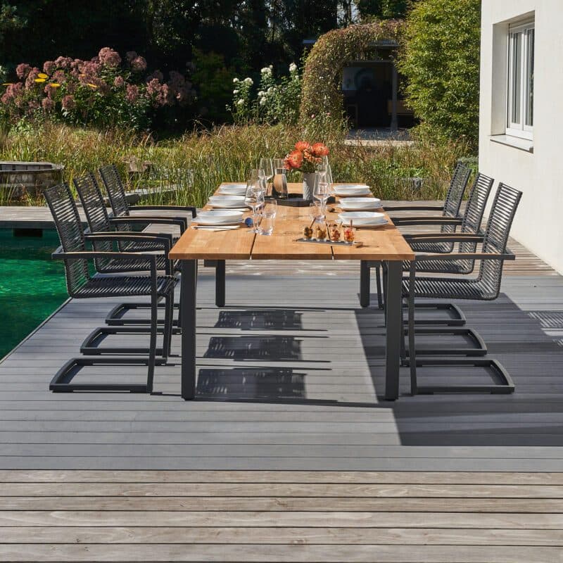 CASA DOMA "Mineo/Varano" Gartenmöbel-Set 7-tlg., Gestelle Edelstahl anthrazit, Sitzfläche Rope anthrazit, Armlehnen Teak, Ausziehtisch Tischplatte Teak, 210/310x100 cm