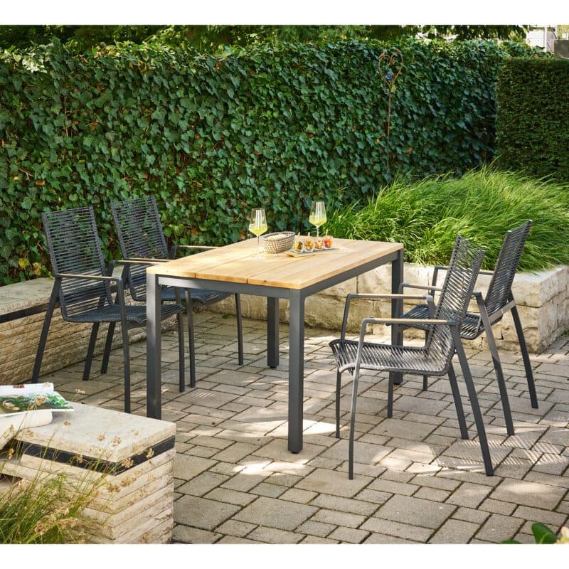CASA DOMA "Mineo/Varano" Gartenmöbel-Set 5-tlg., Gestelle Edelstahl anthrazit, Sitzfläche Rope anthrazit, Armlehnen Teak, Tischplatte Teak, 130x80 cm