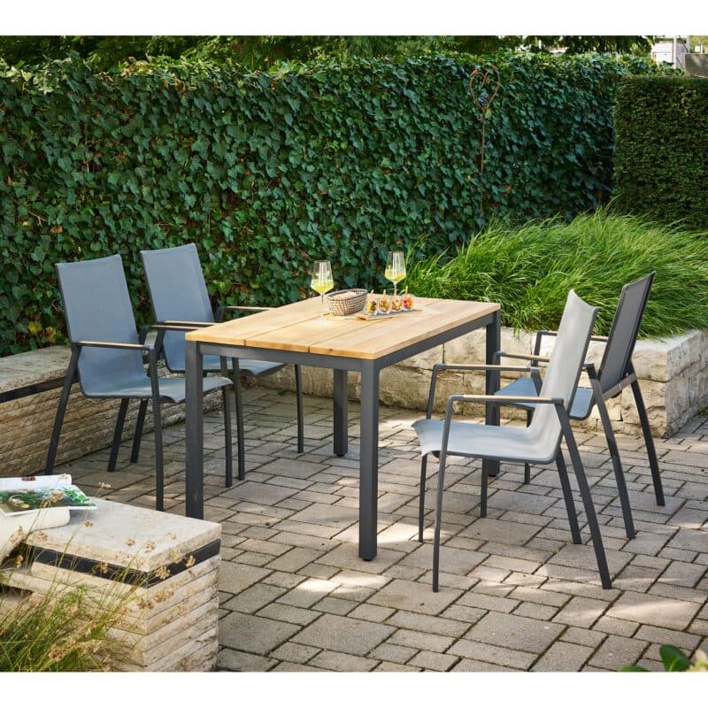 CASA DOMA "Mineo/Varano" Gartenmöbel-Set 5-tlg., Gestelle Edelstahl anthrazit, Sitzfläche Sunproof® Sling schwarz/silber, Armlehnen Teak, Tischplatte Teak, 130x80 cm