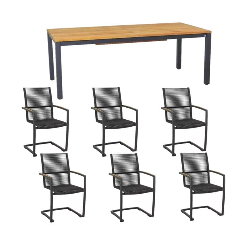 CASA DOMA "Mineo/Varano" Gartenmöbel-Set 7-tlg., Gestelle Edelstahl anthrazit, Sitzfläche Rope anthrazit, Armlehnen Teak, Ausziehtisch Tischplatte Teak, 210/310x100 cm