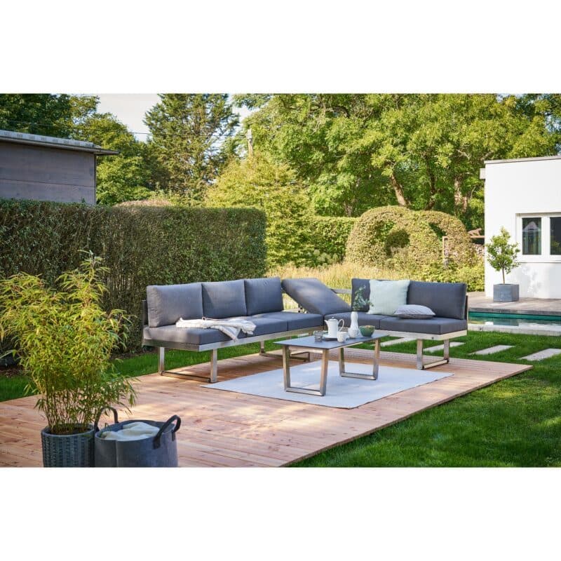 CASA DOMA "Aragona/Falerna" Loungeset mit 2x DINING Loungebank & Loungetisch, Gestelle Edelstahl gebürstet, Kissen Tuvatextil®, Tischplatte HPL