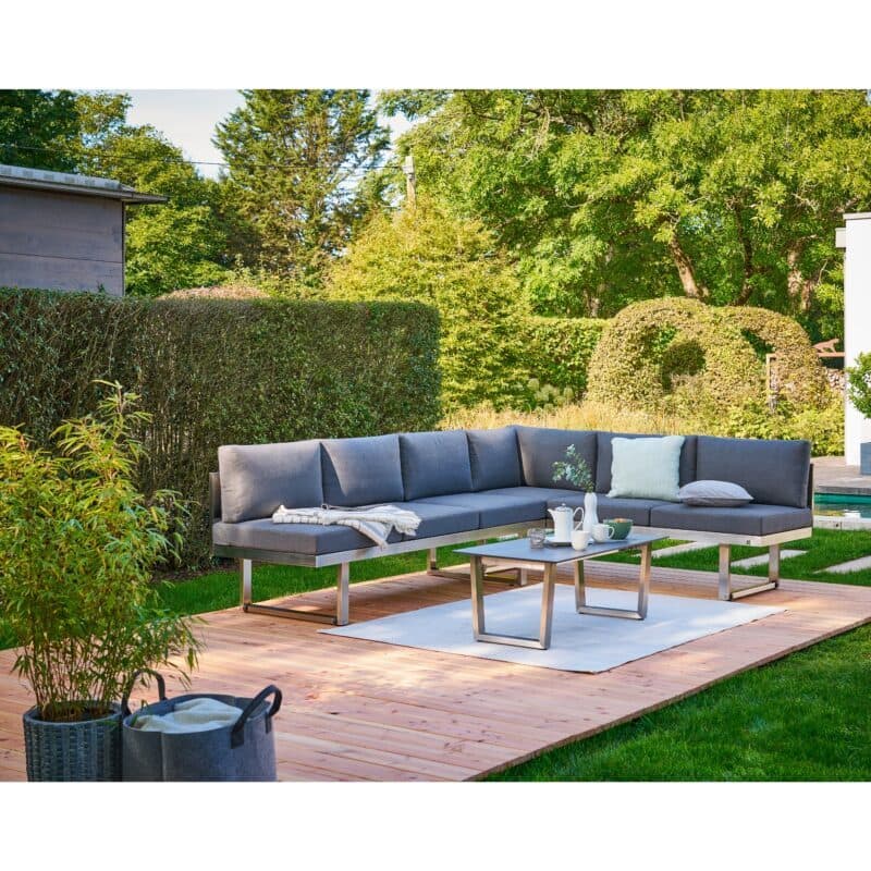 CASA DOMA "Aragona/Falerna" Loungeset mit 2x DINING Loungebank & Loungetisch, Gestelle Edelstahl gebürstet, Kissen Tuvatextil®, Tischplatte HPL