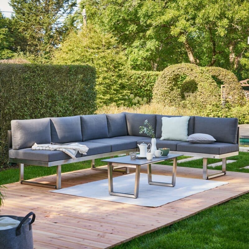 CASA DOMA "Aragona/Falerna" Loungeset mit 2x DINING Loungebank & Loungetisch, Gestelle Edelstahl gebürstet, Kissen Tuvatextil®, Tischplatte HPL