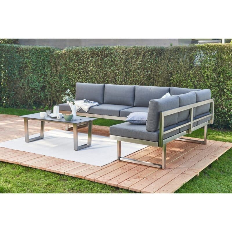 CASA DOMA "Aragona/Falerna" Loungeset mit 2x DINING Loungebank & Loungetisch, Gestelle Edelstahl gebürstet, Kissen Tuvatextil®, Tischplatte HPL