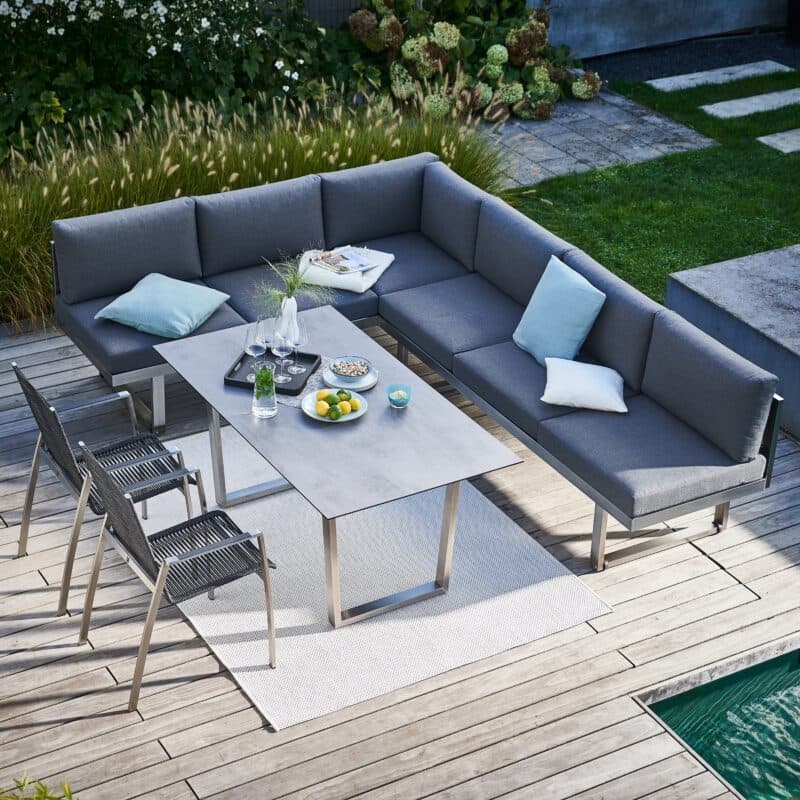 CASA DOMA "Aragona/Falerna/Mineo" Diningset, Gestelle Edelstahl gebürstet, Stühle & Rückenlehne Rope anthrazit, Polster Tuvatextil®, Tischplatte HPL, 160x90 cm