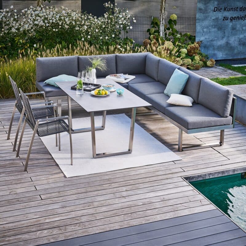 CASA DOMA "Aragona/Falerna/Mineo" Diningset, Gestelle Edelstahl gebürstet, Stühle & Rückenlehne Rope anthrazit, Polster Tuvatextil®, Tischplatte HPL, 160x90 cm