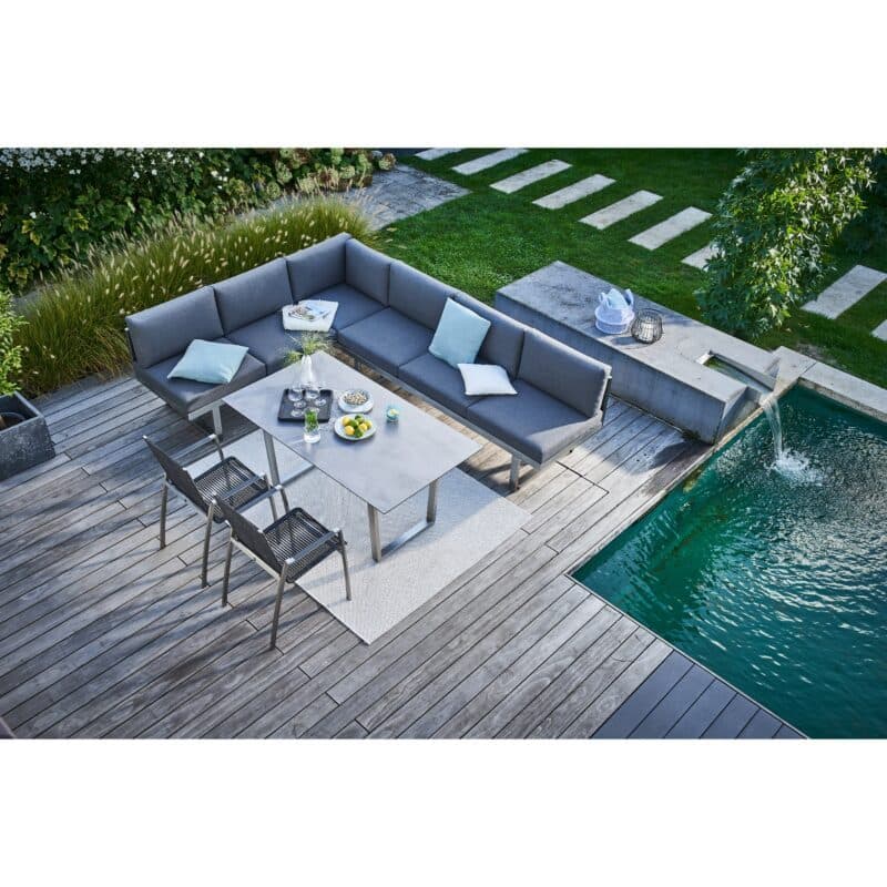 CASA DOMA "Aragona/Falerna/Mineo" Diningset, Gestelle Edelstahl gebürstet, Stühle & Rückenlehne Rope anthrazit, Polster Tuvatextil®, Tischplatte HPL, 160x90 cm