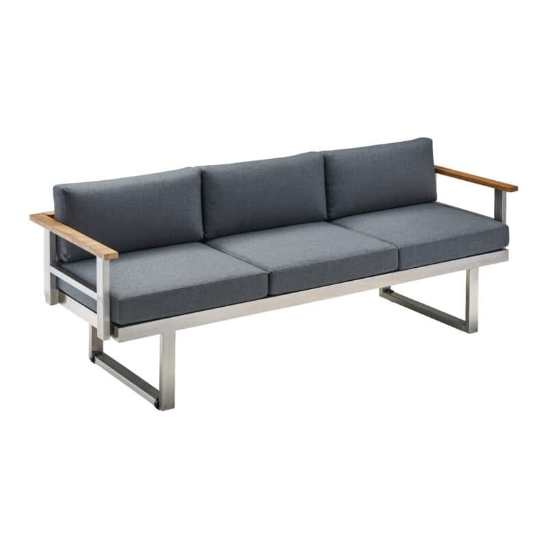 CASA DOMA "Aragona" 3-Sitzer Loungesofa, Edelstahl gebürstet, Teak, Polster Tuvatextil® Panama grafito