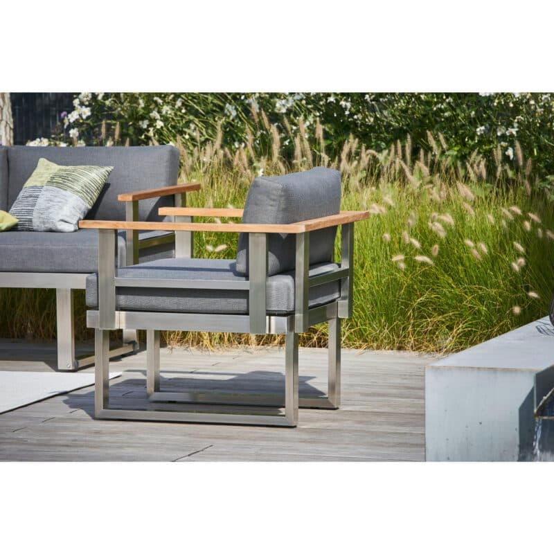 CASA DOMA "Aragona DINING" 1-Sitzer Sessel, Edelstahl gebürstet, Teak, Polster Tuvatextil® Panama grafito