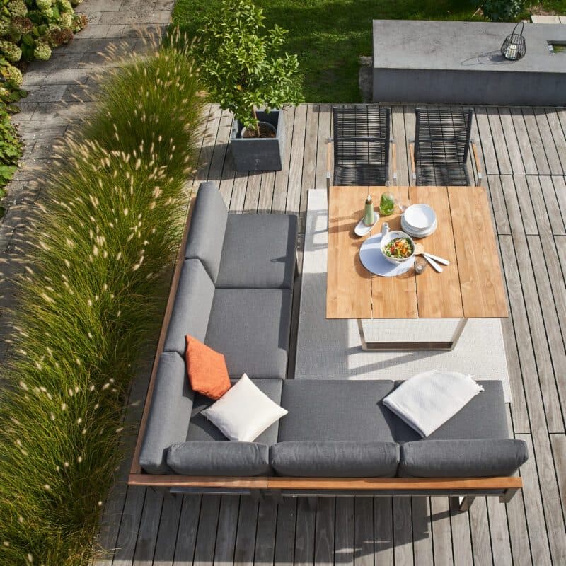 CASA DOMA "Aragona/Falerna/Mineo" Gartenmöbel-Set 5-teilig, Edelstahl gebürstet, Polster Tuvatextil® Panama grafito, Sitzfläche Rope anthrazit, Tischplatte Teak 120x120 cm - Variante links