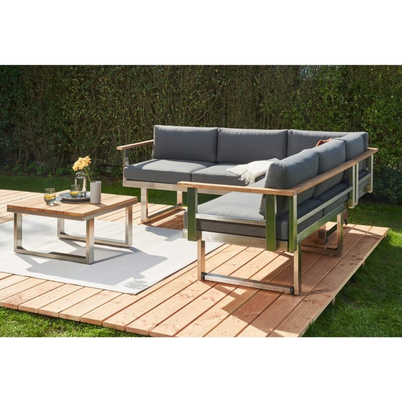 CASA DOMA "Aragona" Loungeset 3-tlg., Gestelle Edelstahl gebürstet, Polster Tuvatextil® Panama grafito,, Loungetisch mit Teakplatte