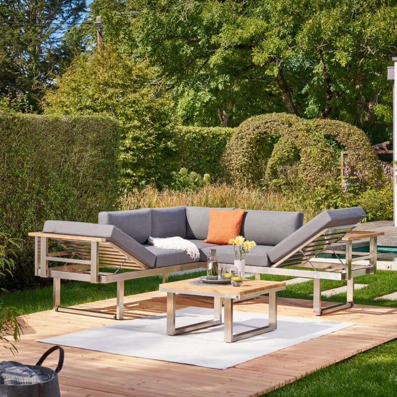 CASA DOMA "Aragona" Loungeset 3-tlg., Gestelle Edelstahl gebürstet, Polster Tuvatextil® Panama grafito,, Loungetisch mit Teakplatte