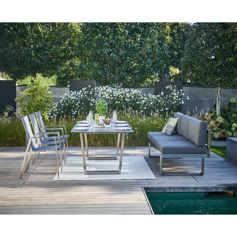 CASA DOMA "Aragona/Falerna/Mineo" Diningset, Gestelle Edelstahl gebürstet, Stühle Sitzfläche & Rückenlehne Sunproof® Sling schwarz/silber, Polster Tuvatextil®, Tischplatte HPL, 210x100 cm