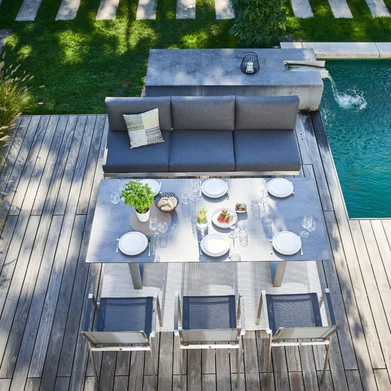 CASA DOMA "Aragona/Falerna/Mineo" Diningset, Gestelle Edelstahl gebürstet, Stühle Sitzfläche & Rückenlehne Sunproof® Sling schwarz/silber, Polster Tuvatextil®, Tischplatte HPL, 210x100 cm